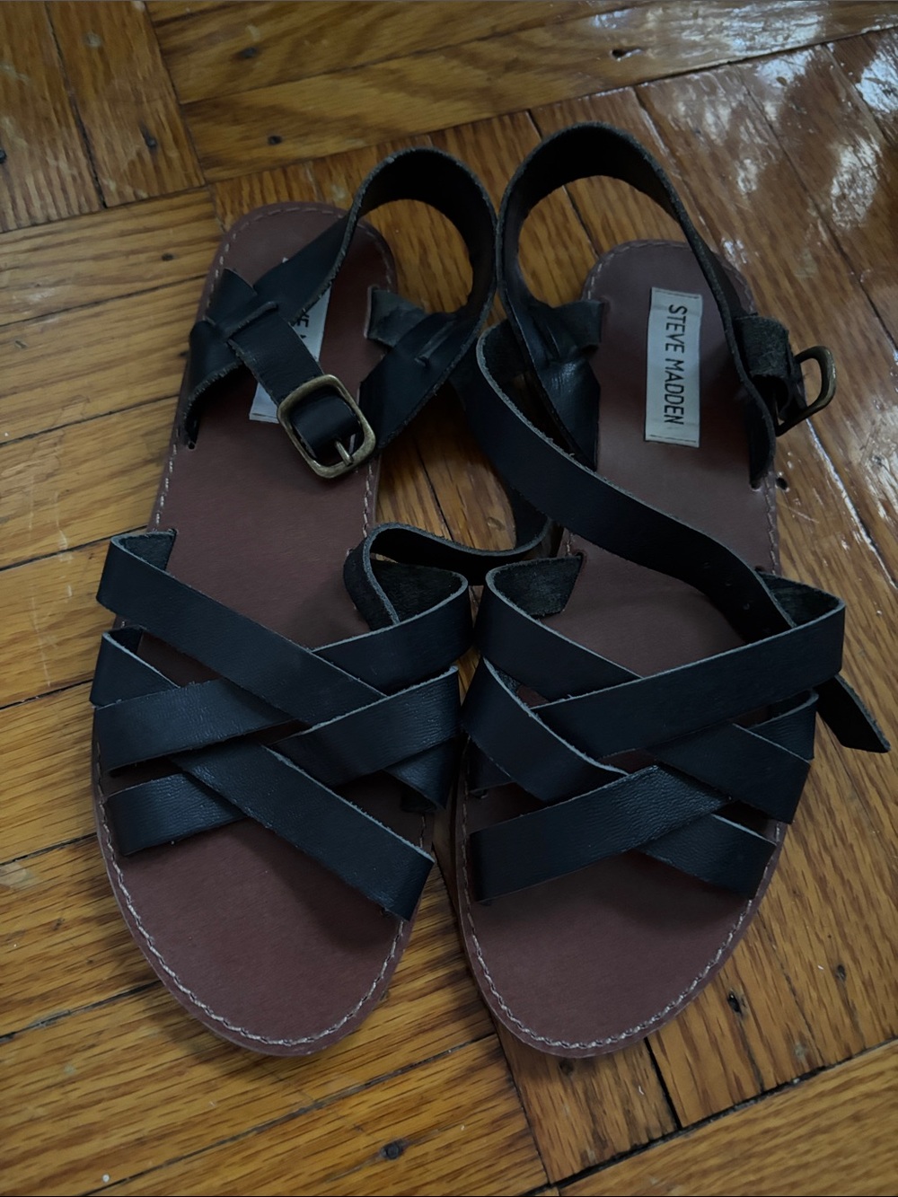 Steve Madden Black Leather Cross-Strap Ankle Buckle Sandals
